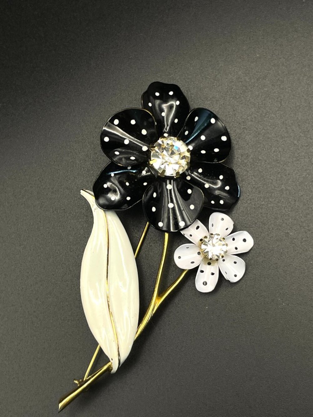 Vintage Avon Spectator Black White Polka Dot Flower Pin Brooch